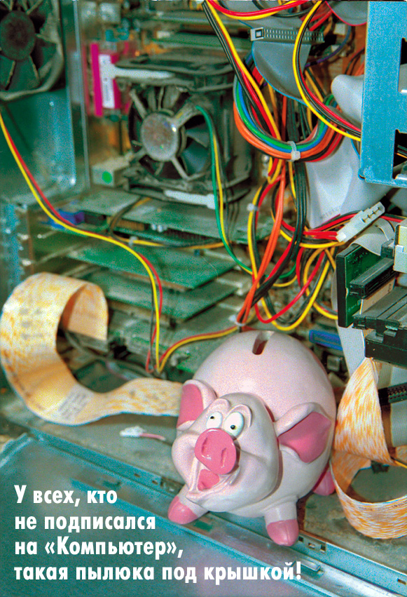 Свинка перед пыльным компьютерм. Фото: А.Зайцев, журнал «Компьютер», камера - пленочная Minolta dynax 800 si